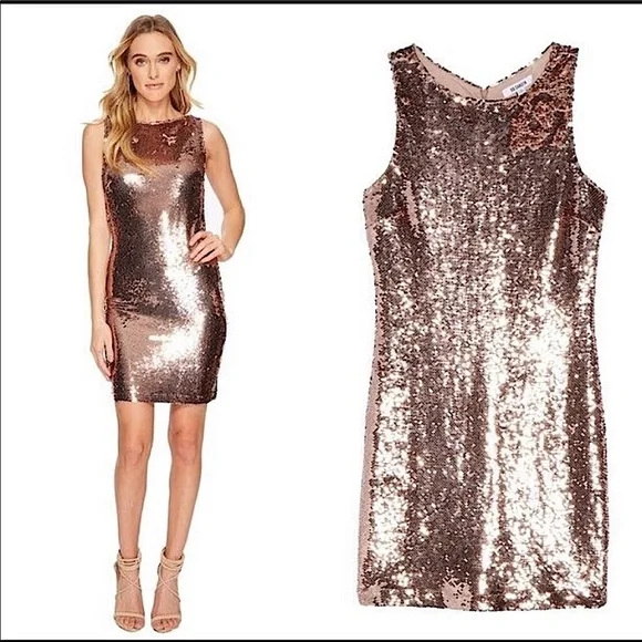 bb dakota gold sequin dress Free People X BB Dakota A Pretty Penny Rose Gold/Copper Sequin Dress ( –  The Thrifty Hippy main image 1